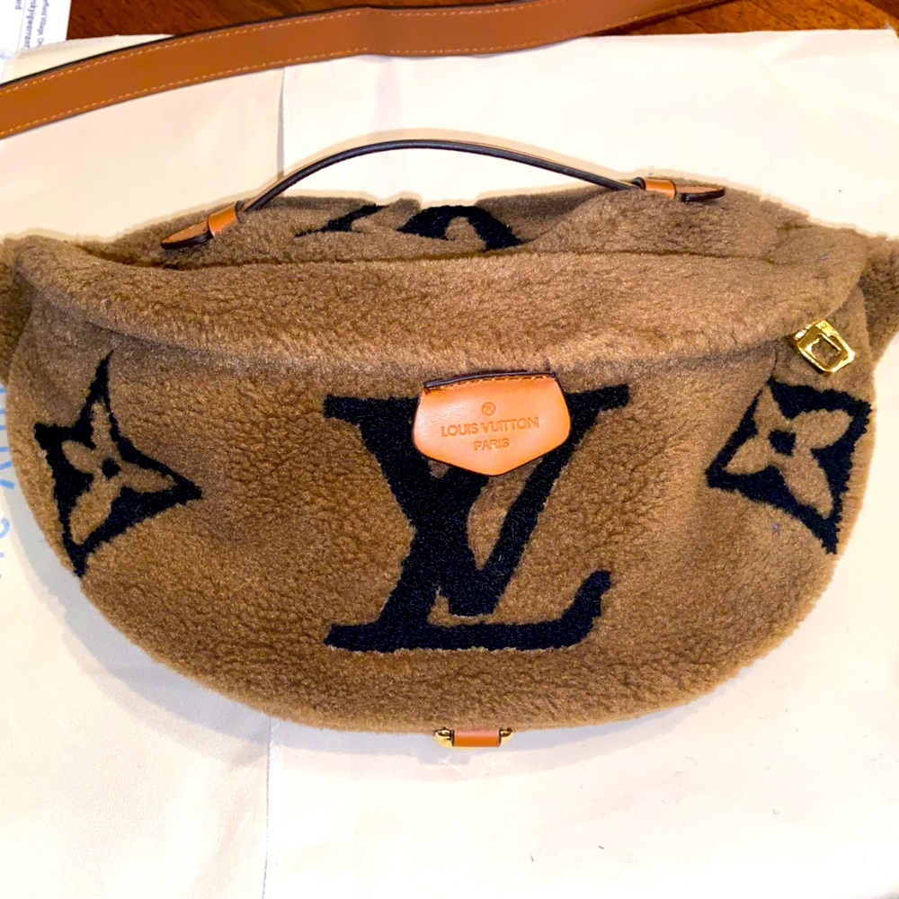 Brown with black logo print, Teddy bum bag with long adjustable strap